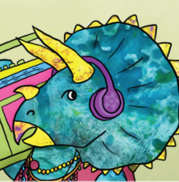 A dinosaur is listening to music - link to Summer Reading Club event