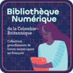 Logo is purple with blue letters on top spelling "BIBLIOTHEQUE NUMERIQUE" and a picture of a woman reading a book below. 